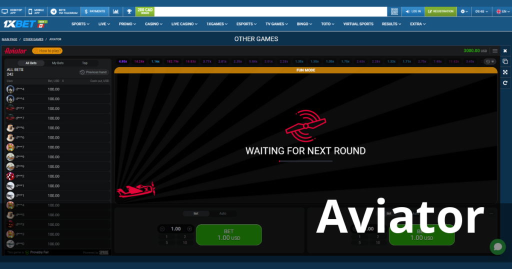 1xbet Aviator gameplay